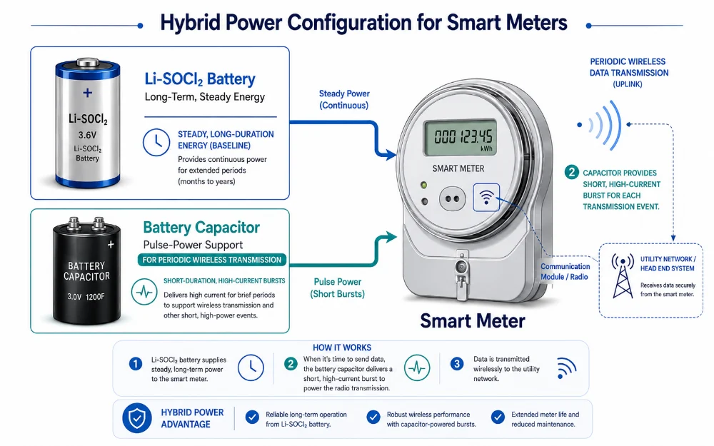 Schematic diagram of the process by which a battery capacitor and a Li SOCl₂ primary battery work together to power a smart meter